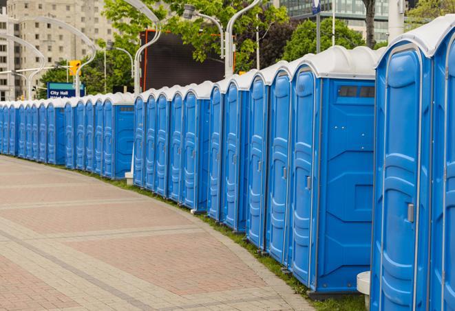 multiple portable restrooms in a neat and tidy row in Allston MA